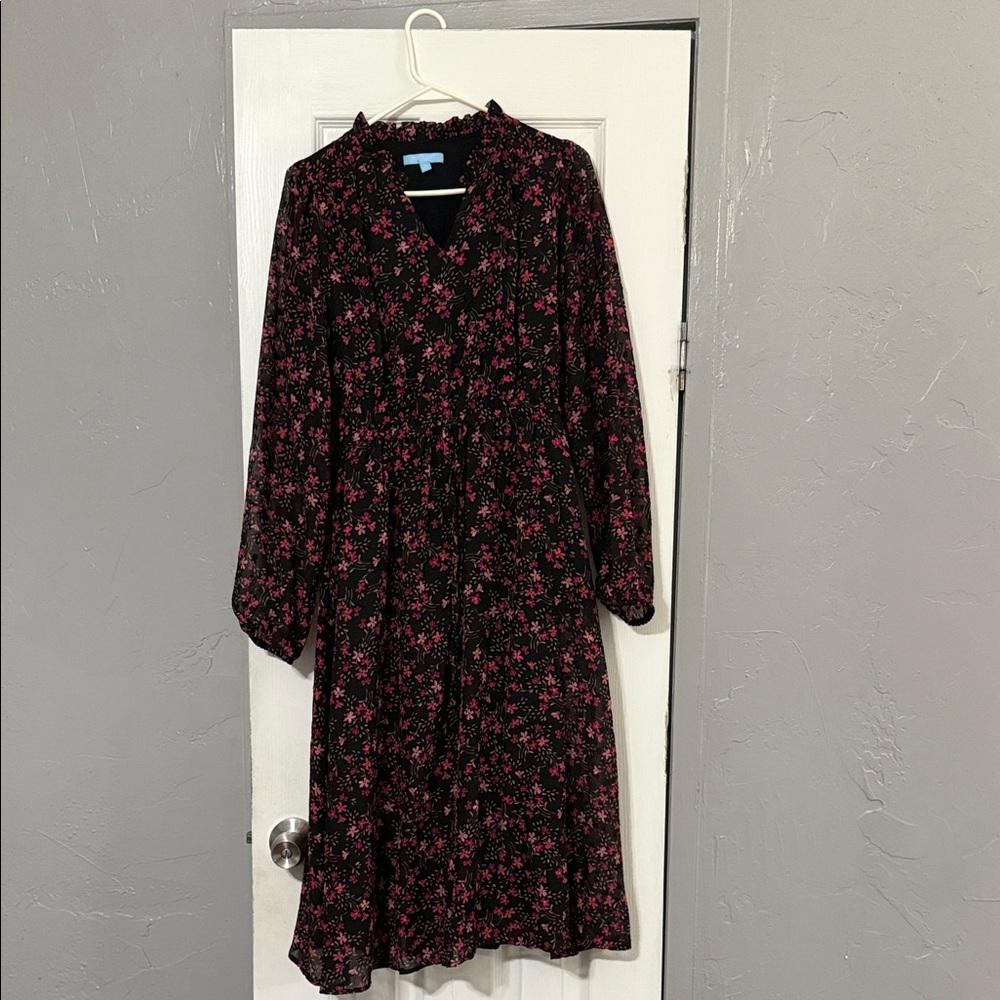 Draper James Black and Pink Floral Long Sleeve Dress